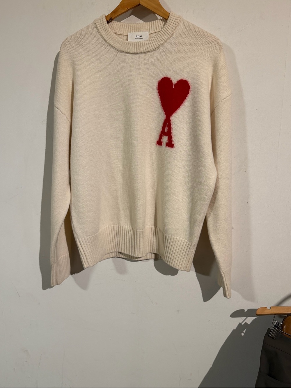 Ami Cream Crewneck Sweater with Red Heart 'A' Motif
